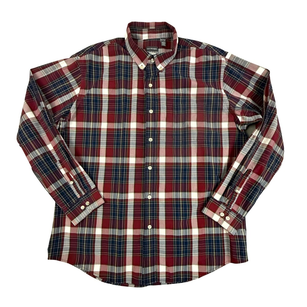 Van Heusen Classic Fit Shirt Men Extra Large Button Down Red Plaid Long Sleeve